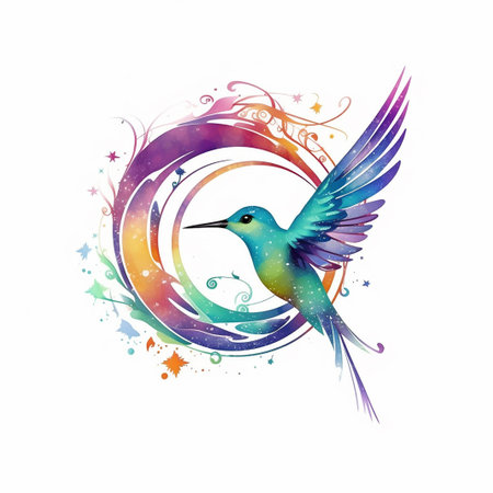 Colorful hummingbird with swirls and stars. Vector illustration.の写真素材