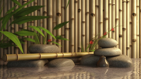 zen stones and bamboo on the floor, 3d render illustration.の写真素材