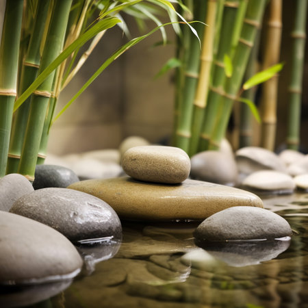 zen stones in water with bamboo and reflection, zen garden conceptの写真素材