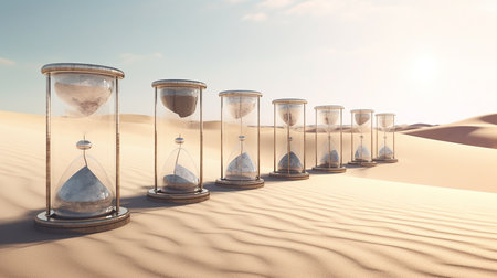 Sandglass in the desert. 3D render. Time concept.の写真素材