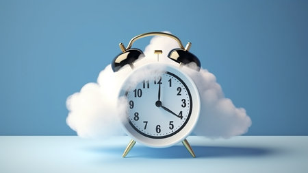 Alarm clock with clouds on blue background. 3D rendering.の写真素材