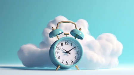 Blue alarm clock with clouds on blue background. 3d render illustrationの写真素材