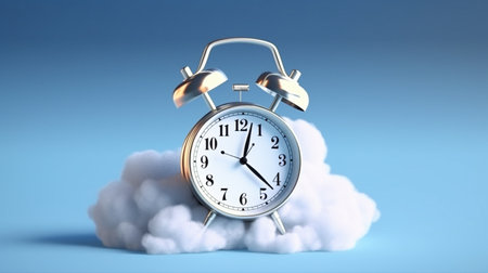 Alarm clock and cloud on blue background. 3D rendering.の写真素材