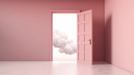 Open door in pink room with clouds. 3D Rendering.の写真素材