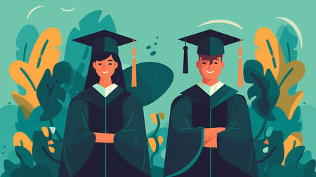 Happy students in graduation gowns and mortarboards with diplomas. Vector illustration in flat styleの写真素材