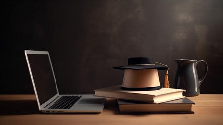 Laptop, coffee cup, books and hat on a wooden tableの写真素材