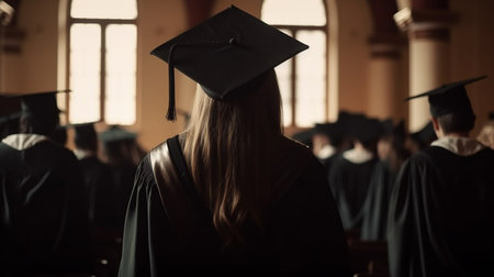 Back view of a female graduate in cap and gown looking at the cameraの写真素材