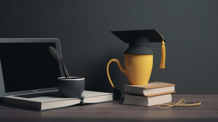 Graduation cap, books, coffee cup and laptop on table. Education concept. 3D Renderingの写真素材