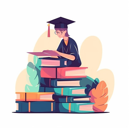 Graduate in cap and gown sitting on pile of books. Vector illustrationの写真素材