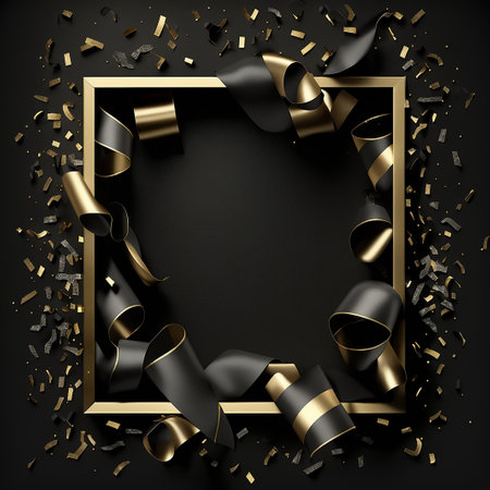 Black background with golden confetti and ribbons. Vector illustration.の写真素材