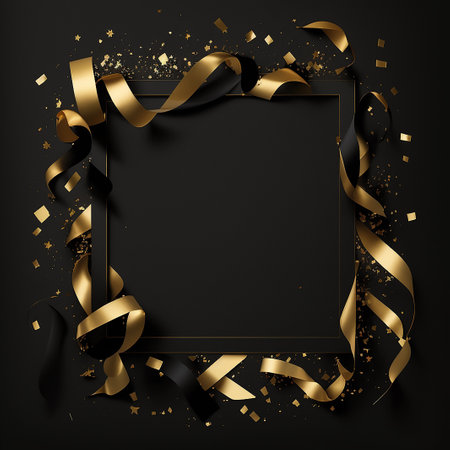 Black background with golden confetti and ribbons. Vector illustration.の写真素材
