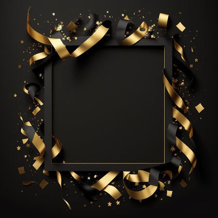 Black background with golden ribbons and confetti. Vector illustration.の写真素材