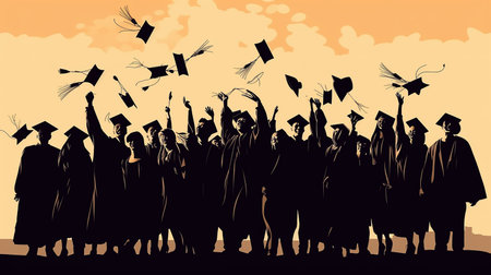 Silhouettes of graduates with diplomas and hats. Vector illustration.の写真素材