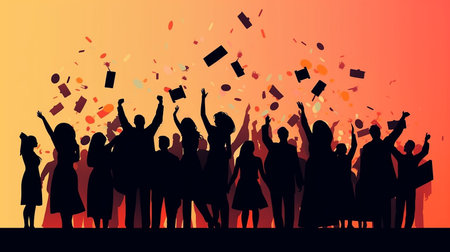 Silhouettes of people celebrating with confetti. Vector illustration.の写真素材