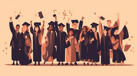 Graduate students with diplomas and caps. Graduation ceremony concept. Vector illustration in cartoon styleの写真素材