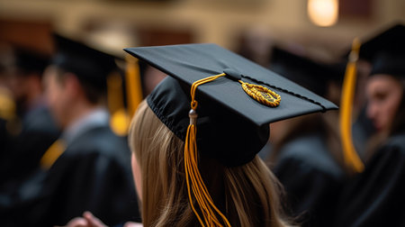 Close-up of a graduation cap on the head of a girlの写真素材