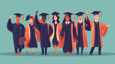 Graduation ceremony vector illustration. Group of happy graduates in academic gowns and hats standing in line.の写真素材