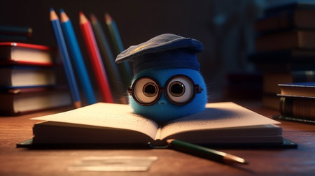 Cute blue owl in a cap on the background of books and pencilsの写真素材