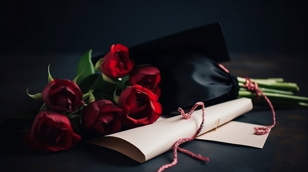 Bouquet of red roses and a diploma on a black backgroundの写真素材