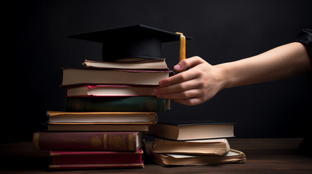 Female hand holding a mortarboard over a stack of books on a dark backgroundの写真素材