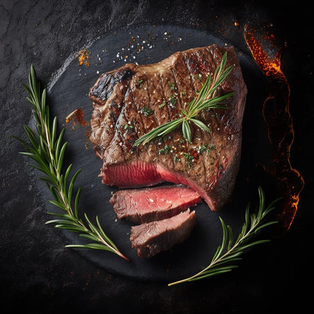 Grilled beef steak with rosemary and spices on a black backgroundの写真素材