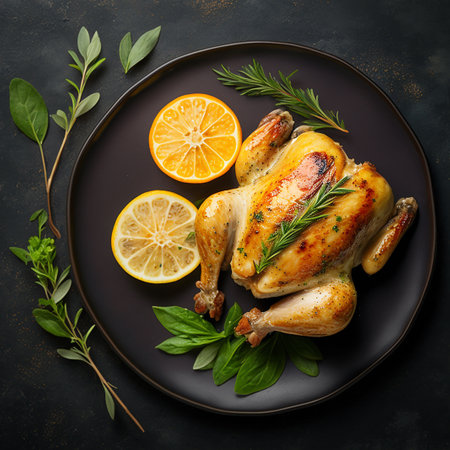 Roasted chicken with lemon and herbs on black plate over dark stone background. Top view with copy spaceの写真素材