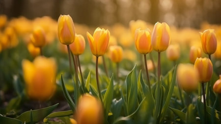 tulips. a bulbous spring-flowering plant of the lily family, with boldly colored cup-shaped flowers.の写真素材