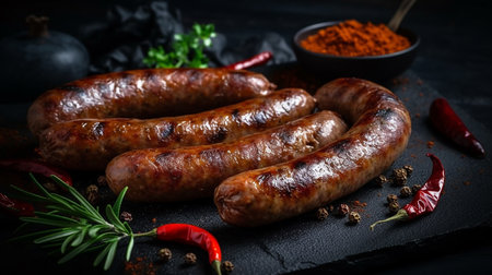 Grilled sausages with spices and herbs on a black backgroundの写真素材