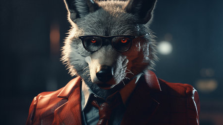 Fashion portrait of a wolf wearing sunglasses and a jacket on dark background. Mafia Characterの写真素材