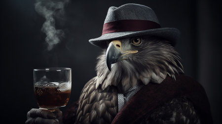 Eagle in hat and scarf with glass of whiskey on dark background.  Mafia Characterの写真素材
