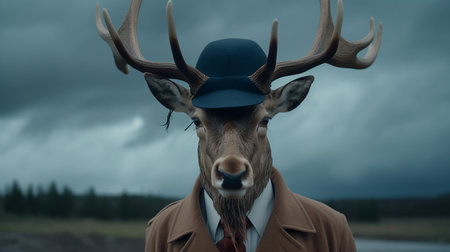 Man in a hat with deer antlers on the background of the road. Mafia Characterの写真素材