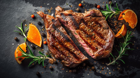 Grilled T-bone steak with spices and tangerines on black backgroundの写真素材