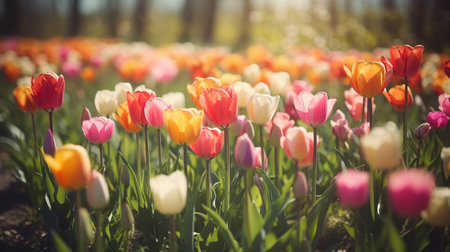 Colorful tulip flowers bloom in the garden in spring time.の写真素材