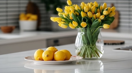 Lemons and yellow tulips on the table in the kitchenの写真素材