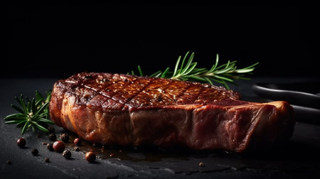 Grilled beef steak with rosemary and spices on a black backgroundの写真素材