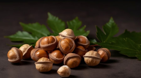 Hazelnuts with leaves on a black background. Close-up.の素材