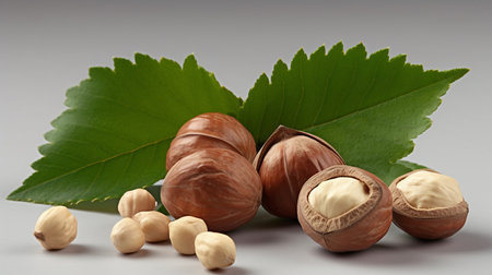 Hazelnuts and hazelnuts with leaves on a gray backgroundの素材