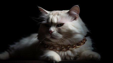 beautiful white persian cat with gold collar isolated on black backgroundの素材