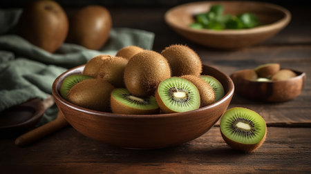 Kiwi fruit in a bowl on wooden table, selective focusの素材