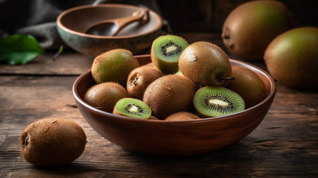 Kiwi fruit in a bowl on wooden background, selective focusの素材