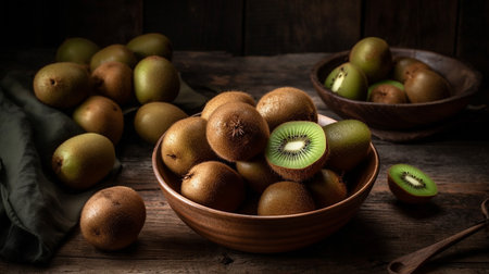 Kiwi fruit in a bowl on wooden background, selective focusの素材