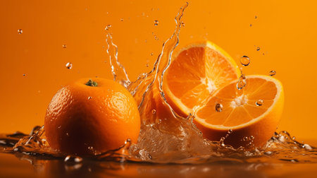 Fresh orange with water splash on orange background. Citrus fruits.の素材