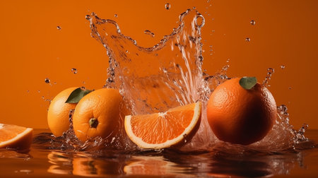 Fresh oranges falling into water with splashes on orange background, closeupの素材