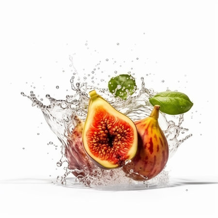 Fruit in water splash, isolated on white background. Fresh figsの素材