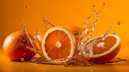 Orange and grapefruit with water splashes on orange background, closeupの素材