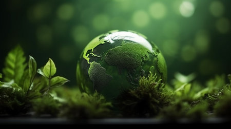 Globe and green moss on dark background. 3D rendering.の素材