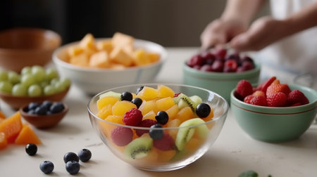 Woman making fresh fruit salad in kitchen, closeup. Healthy foodの素材