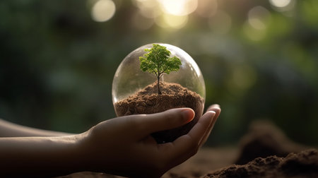 Human hand holding a small tree in a glass sphere. Environment conservation concept.の素材