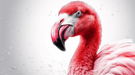 Flamingo with water drops on white background, 3d illustrationの素材