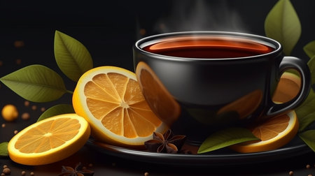 cup of tea with lemon and spices on a black background. 3d illustrationの素材